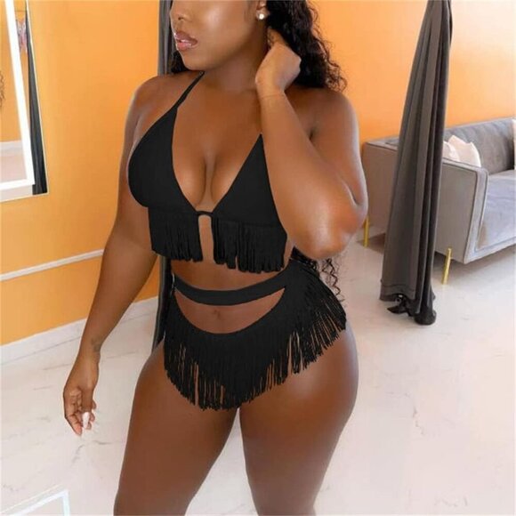 Womens Sexy Tassel 2 Piece Outfits Bikini High Waist Bodycon Bottom Bathing Suit - Picture 2 of 5